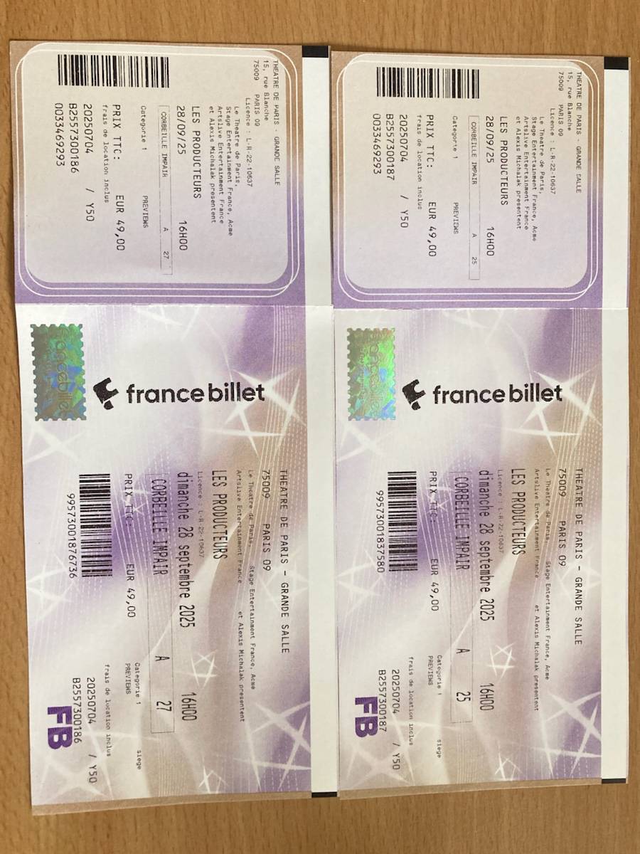 Vends 2 places pour "Les producteurs" le 28 septembre