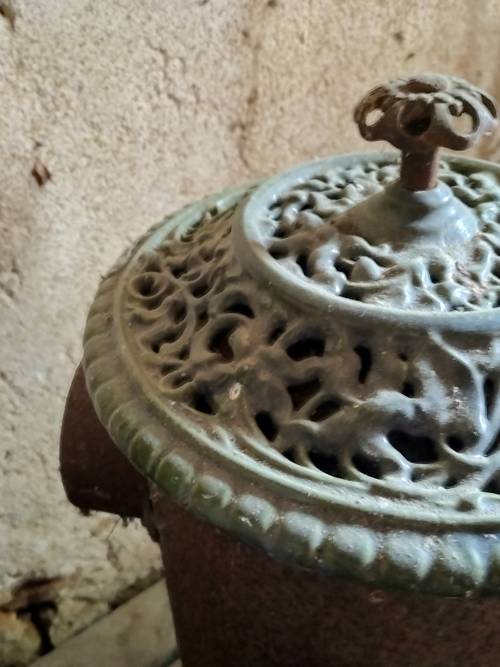 Vends poêle à charbon vintage fonte émaillée vert et acier
