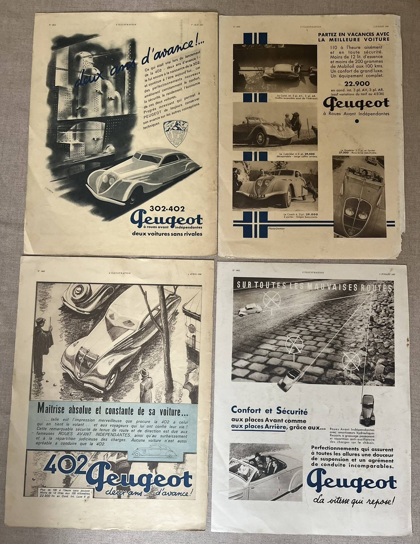 Vends publicités Peugeot 302-402. Illustrations 1936-1937