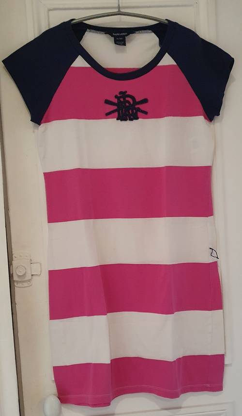 Vends Robe t-shirt Fille, marque Ralph Lauren, rayures rose-blanc-bleu marine - Taille 13 ans