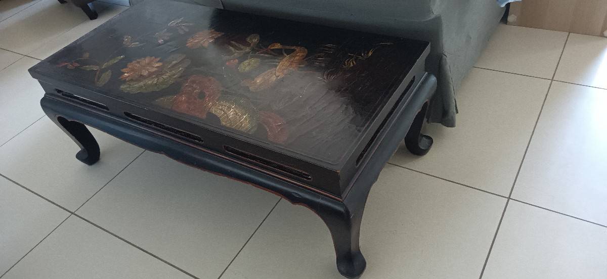 Table Basse Coréenne Vintage En Bois Et Verre, 100x100x40 Cm – état Correct