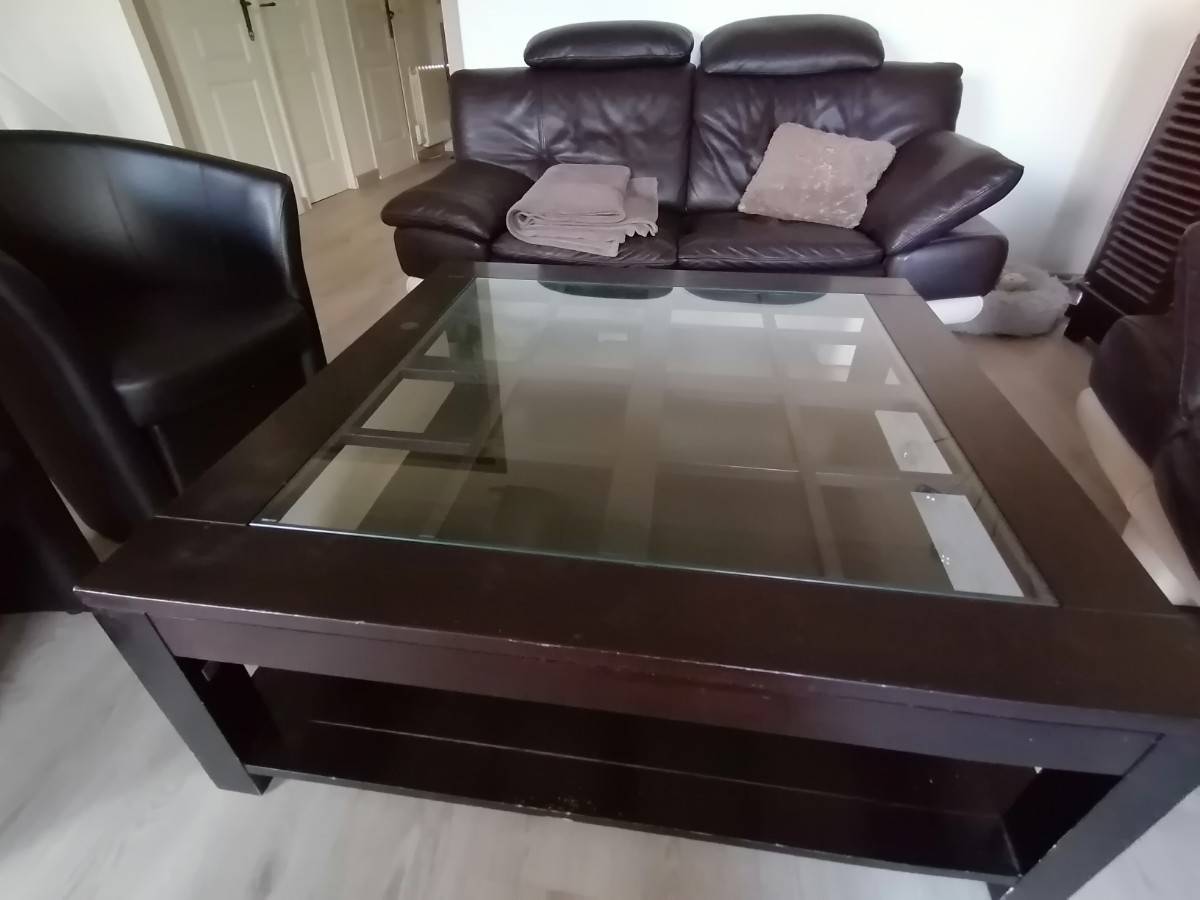 Table Basse Coréenne Vintage En Bois Et Verre, 100x100x40 Cm – état Correct