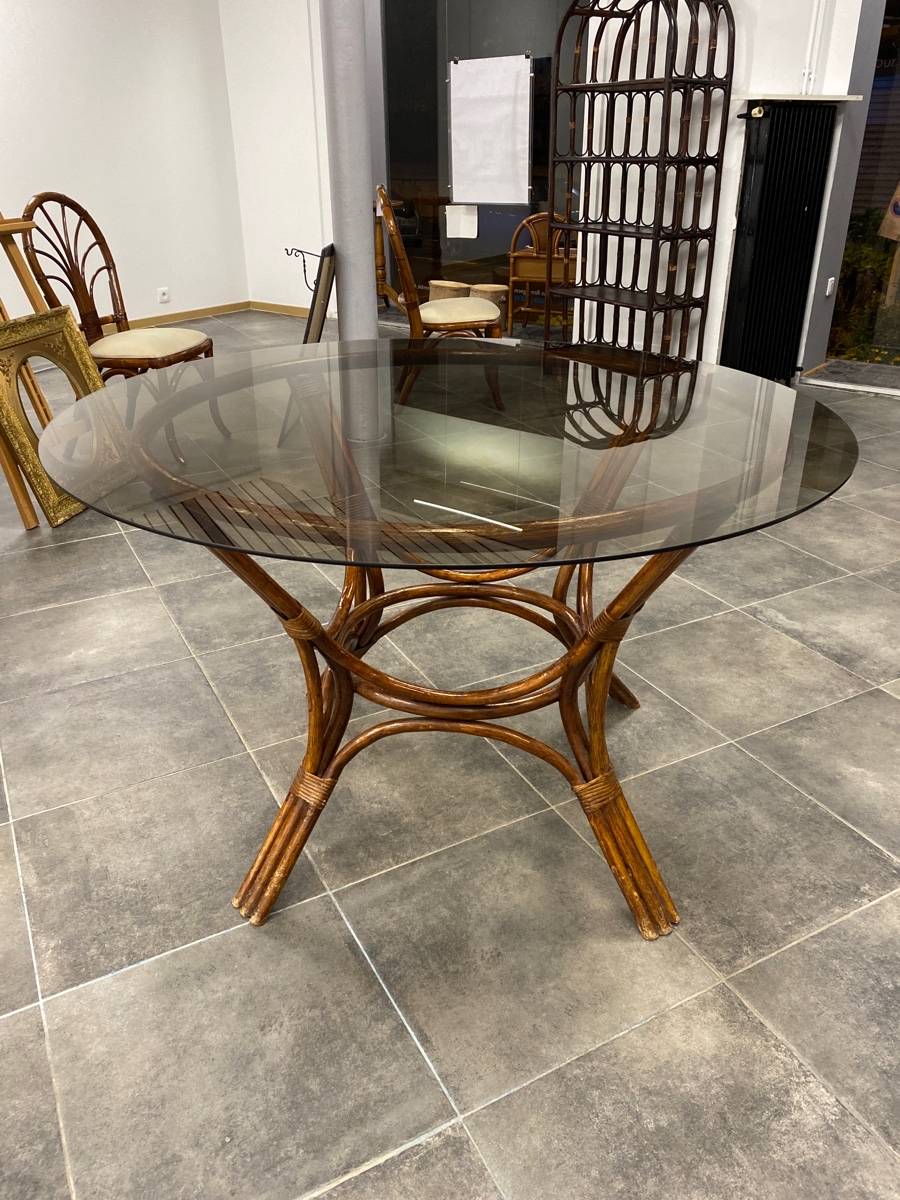 Table D'Appoint Ronde En Rotin Naturel Avec Plateau Verre - 56 Cm De Diamètre, Hauteur 63 Cm - Pour Salon, Jardin D'Hiver