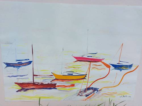Vends tableau acrylique sur papier, bateaux