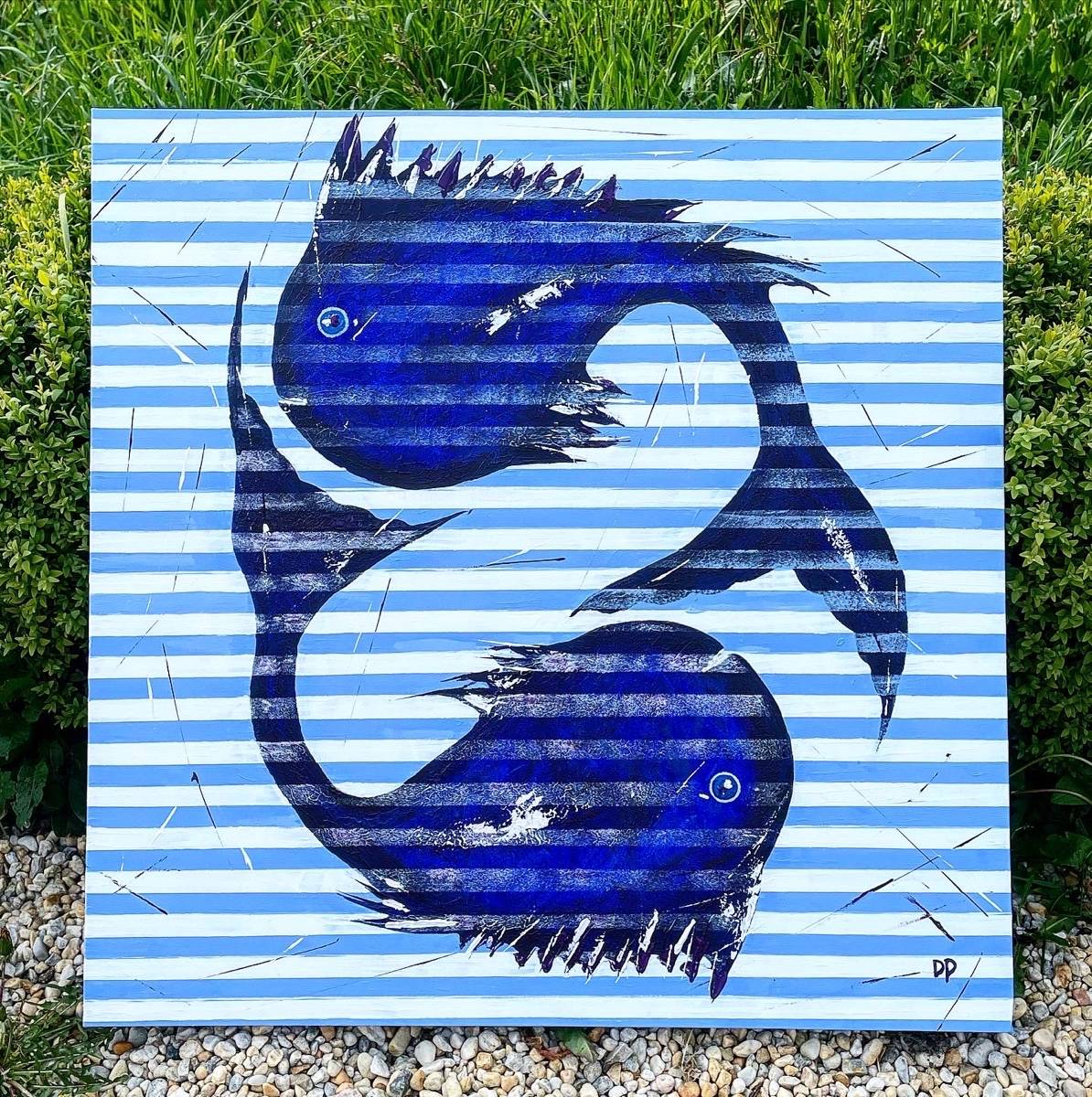 Vends tableau acrylique signé Folies marines 75x75cm