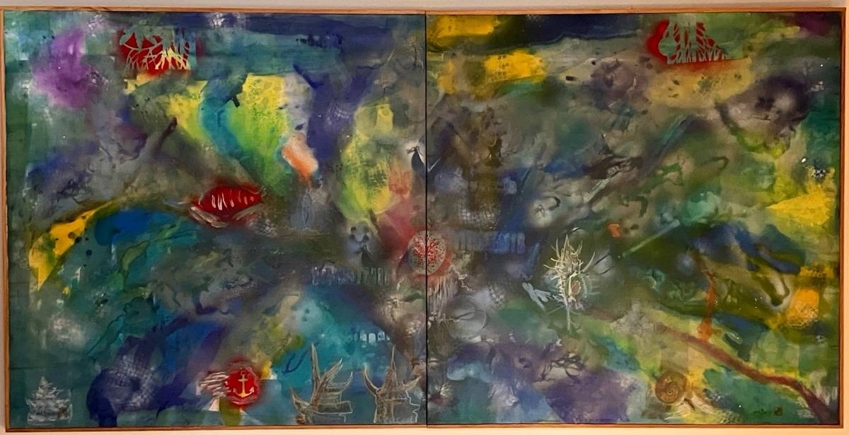 Vends tableau de MARNIE, "Aquatique", acrylique sur toile (diptyque), 202,5 x 102 cm