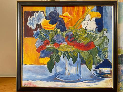 Vends tableau nature morte vase et fleurs, acrylique, chassis entoilé en lin, 62/68 cm