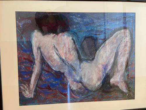 Vends tableau pastel dominantes bleues dimensions encadré 63/84