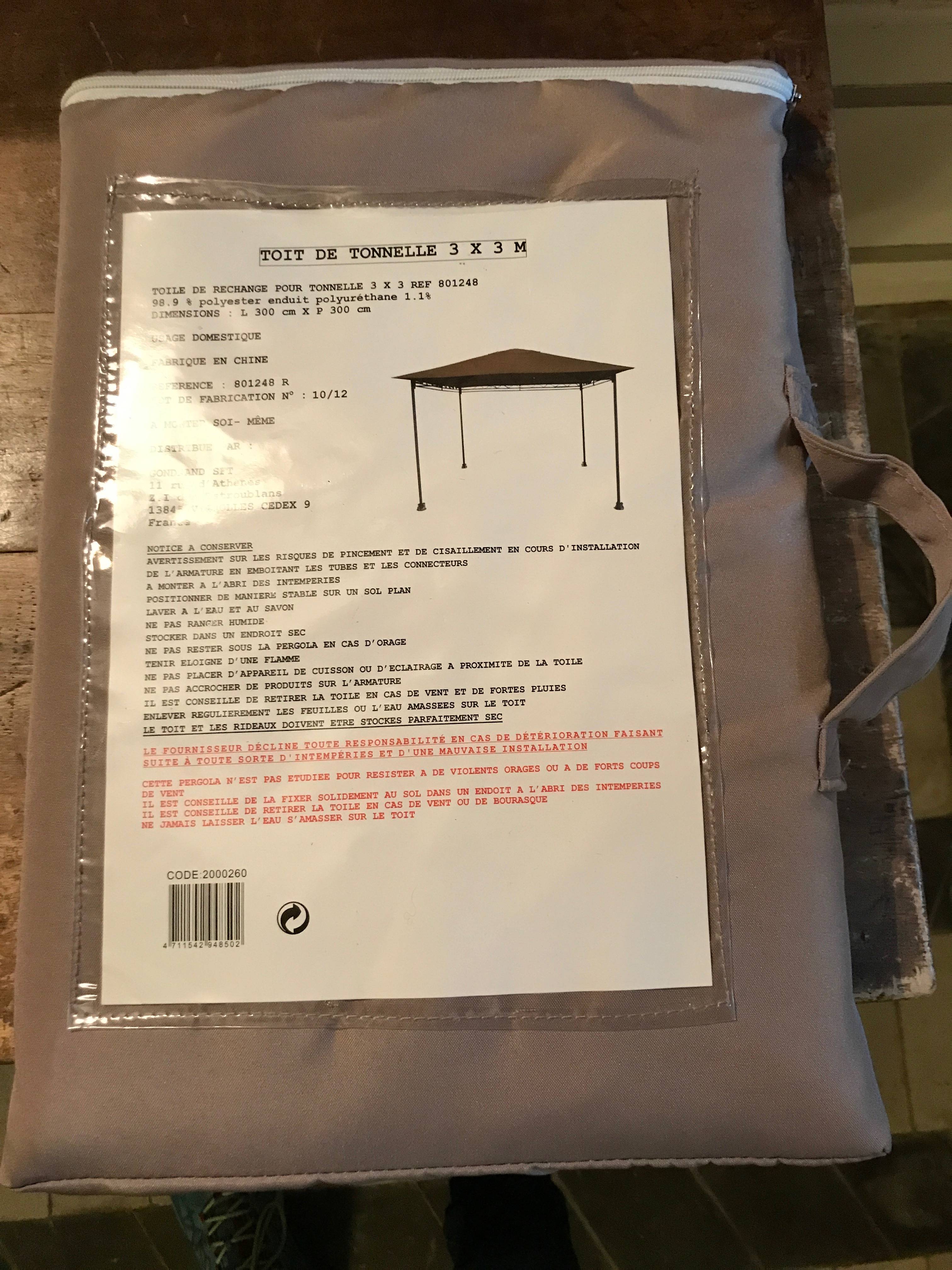 Vends 1 toile de toit de tonnelle neuve Casa, modèle New Provence