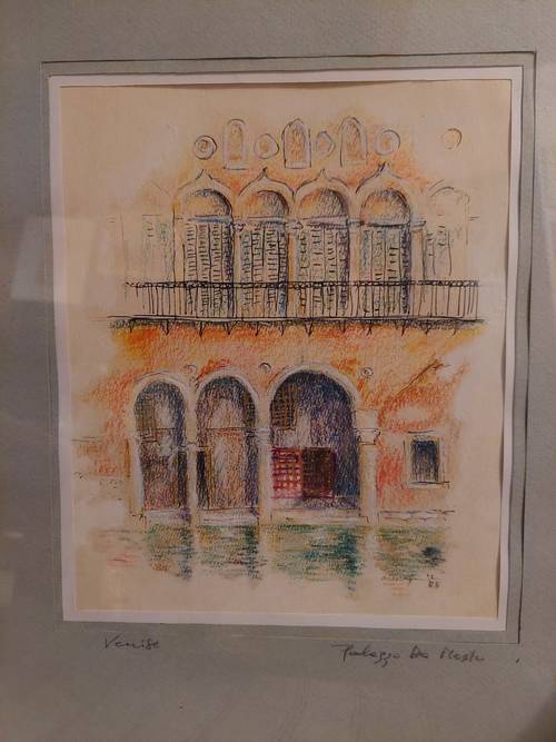 Venise Ah, Venise Pastel, encre de chine, une vue du Palazzo da Mosto par le peintre Guido