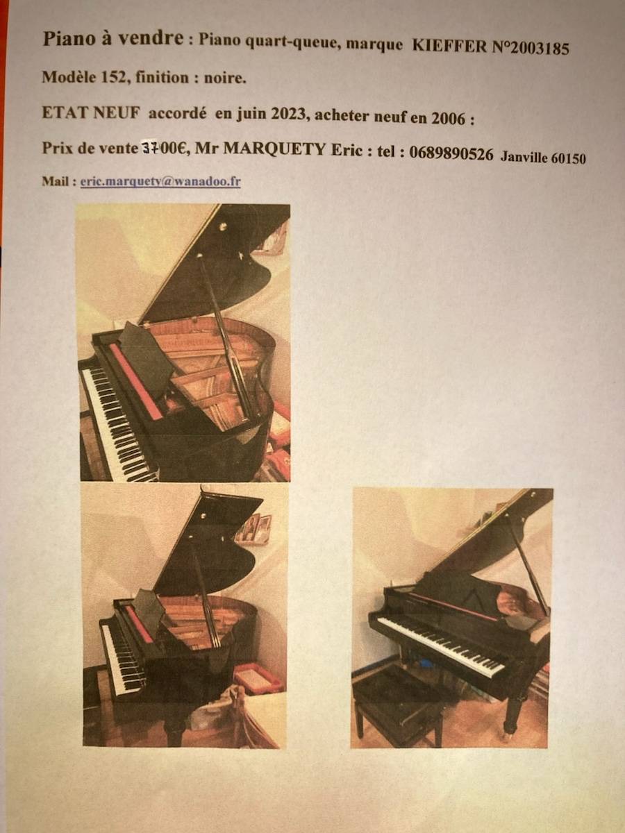 Vends piano quart de queue, marque Kieffer, état neuf