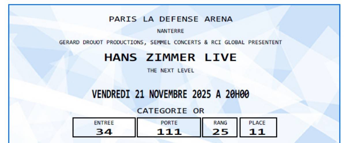Vends Place de concert Hans Zimmer 21 Novembre