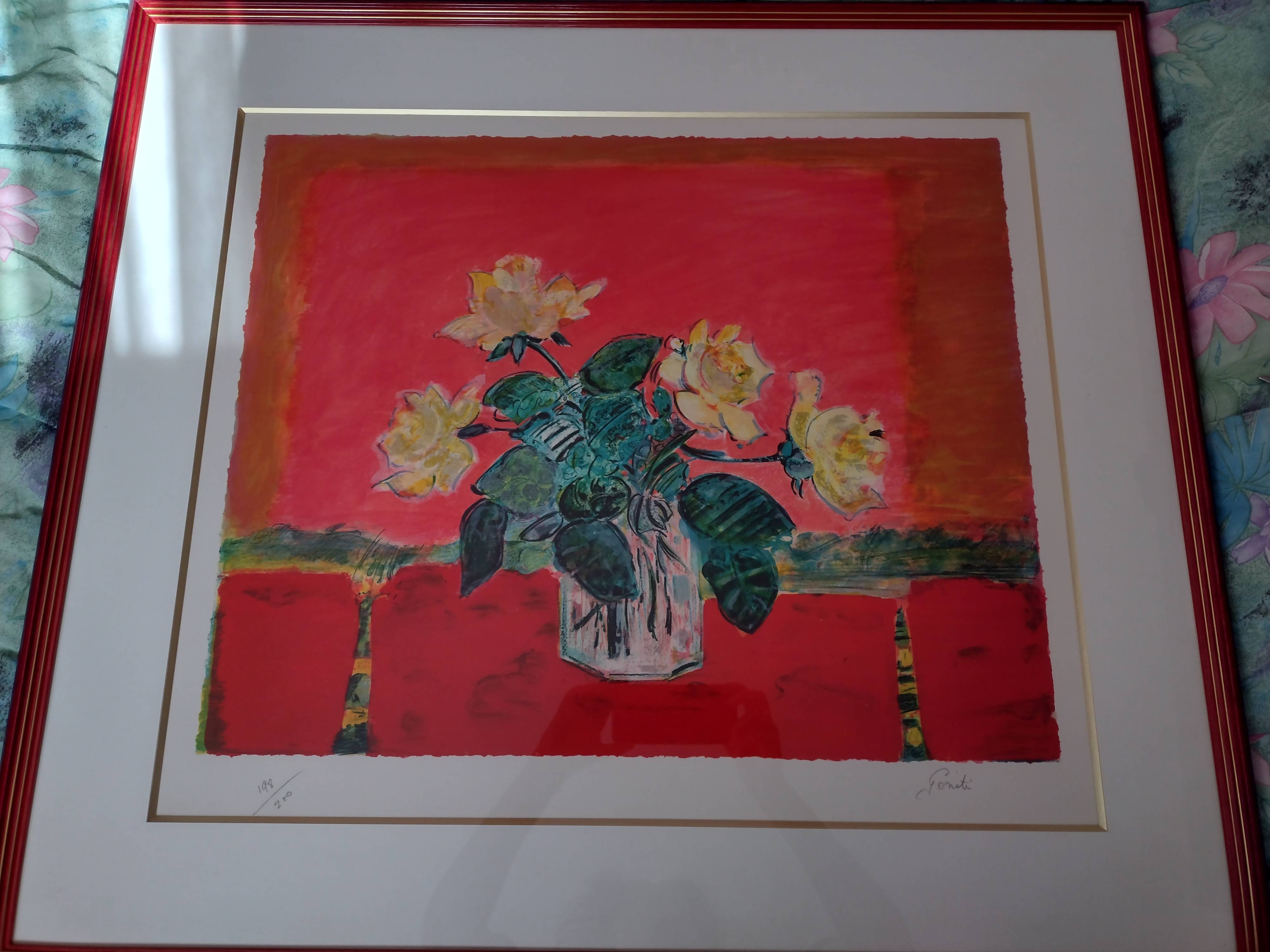 Véritable lithographie signée. Peinture de Goniti… Beau bouquet de fleurs colorées