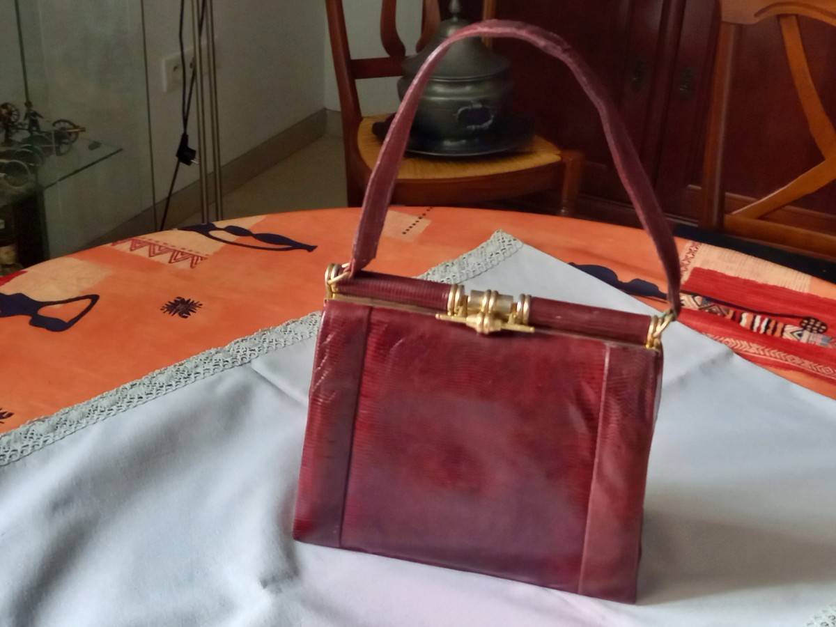 Sac à Main Vintage En Lézard Noir - Années 1950/60 - Forme Arrondie - Très Bon état