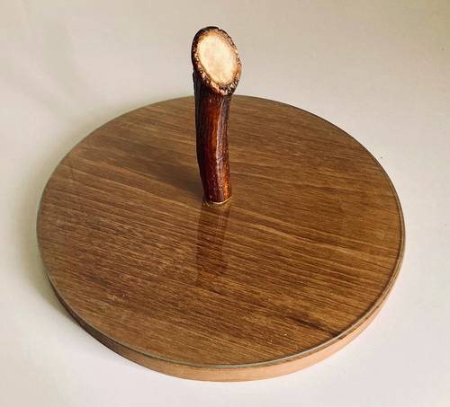 Vintage Neuf Plateau à fromages avec disque de protection en verre prise en bois de cerf thème chasse