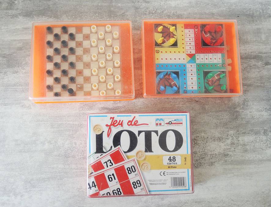 Lot de 3 Jeux de Voyage Anciens : Loto / Dames / Petits Chevaux