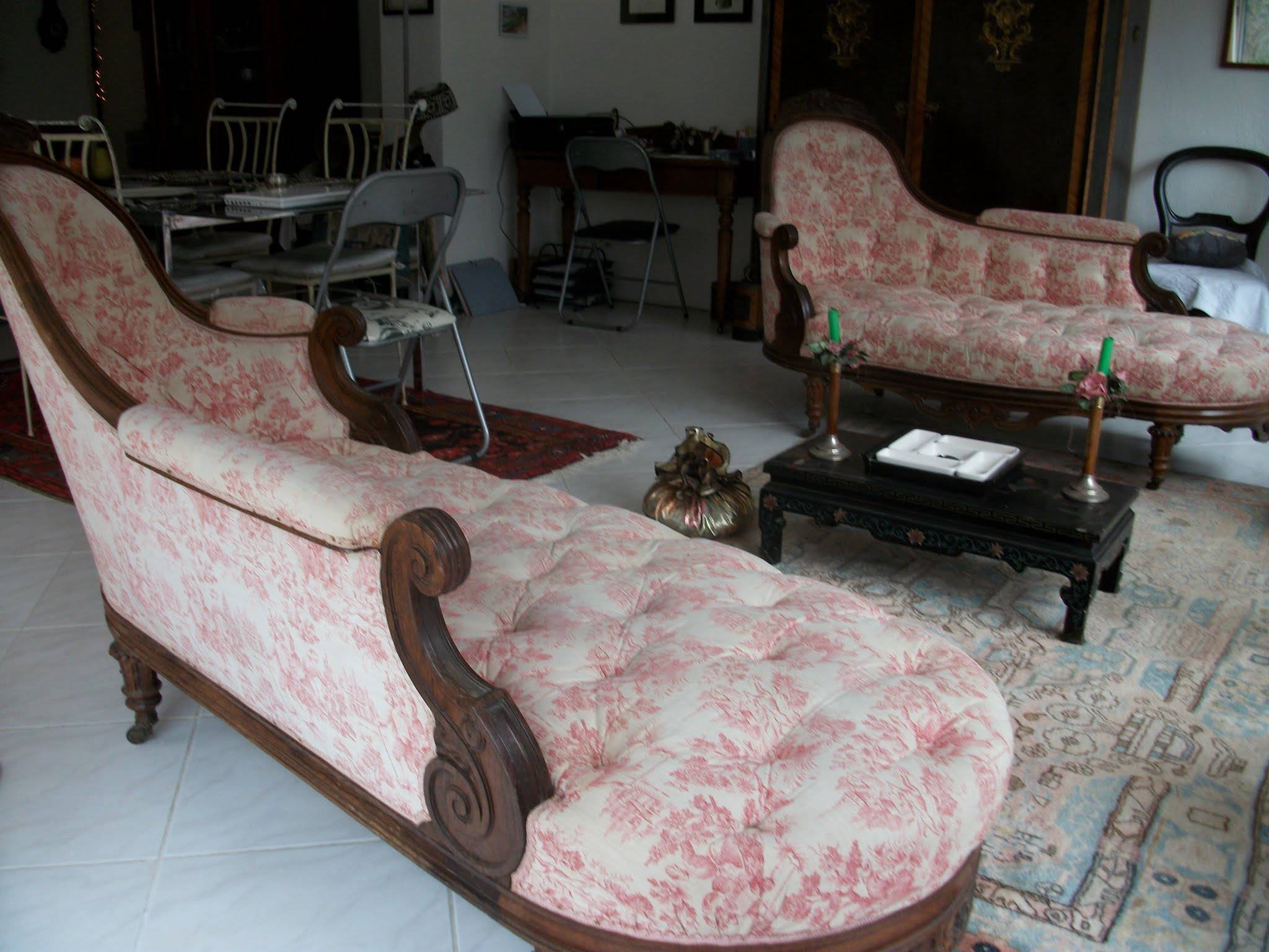 Cause déménagement, cède magnifique paire de méridiennes d’époque Napoléon III acajou et toile de jouy